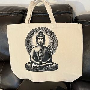 Canvas Tote Bag with Buddha Print - Cream